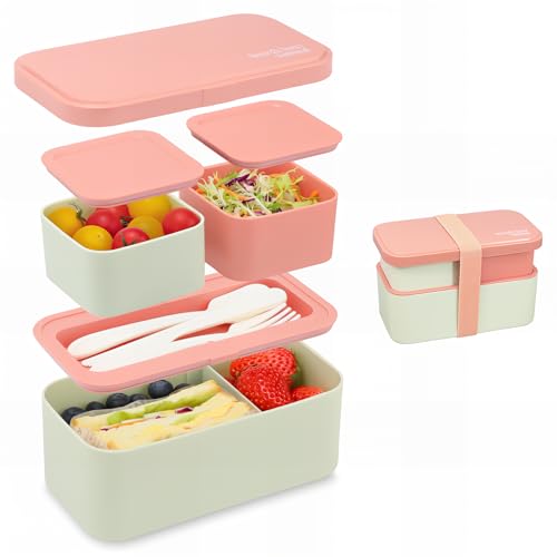 Bugucat Lunchbox Erwachsene 1450ML, 2 in 1 Brotdose Kinder mit 3 Fächern, Auslaufsicher Lunchbox Kinder Bento Box Erwachsene, Brotdosen Vesperdose Frühstücksbox für Mädchen & Jungen BPA-Frei Rosa von Bugucat