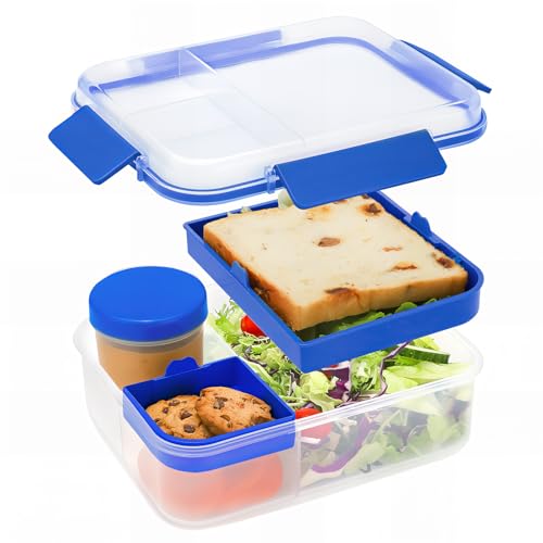 Bugucat Lunchbox Erwachsene 1600ML, Auslaufsichere Brotdose Bento Box Erwachsene mit Fächern, Lunchbox Kinder Salatbox to Go mit Soßenbox, Snackbox Frühstücksbox für Schule Picknick Büro, Blau von Bugucat