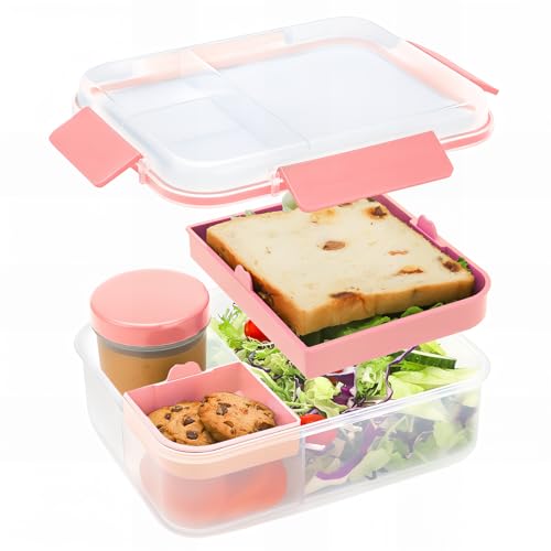 Bugucat Lunchbox Erwachsene 1600ML, Auslaufsichere Brotdose Bento Box Erwachsene mit Fächern, Lunchbox Kinder Salatbox to Go mit Soßenbox, Snackbox Frühstücksbox für Schule Picknick Büro, Rosa von Bugucat