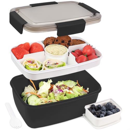 Bugucat Lunchbox Erwachsene 2000ML,Auslaufsichere Brotdose Erwachsene Bento Box mit Fächern für Kinder,Salatbehälter Salatbox to Go mit Gabel,Brotdose Frühstücksbox für Schule Picknick,Schwarz von Bugucat