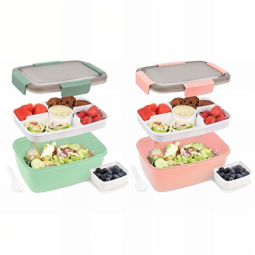 Bugucat Lunchbox Erwachsene 2000ML 2 Set,Auslaufsichere Brotdose Bento Box mit Fächern für Kinder,Salatbehälter Salatbox to Go mit Gabel,Brotdose Frühstücksbox für Schule,Dunkelgrün + Rosa von Bugucat
