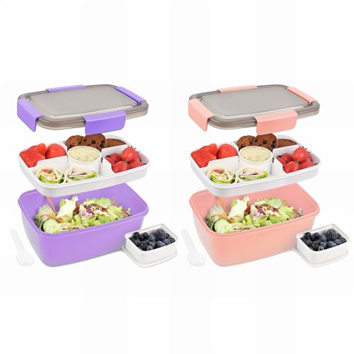 Bugucat Lunchbox Erwachsene 2000ML 2 Set,Auslaufsichere Brotdose Bento Box mit Fächern für Kinder,Salatbehälter Salatbox to Go mit Gabel,Brotdose Frühstücksbox für Schule,Lila + Dunkelrosa von Bugucat