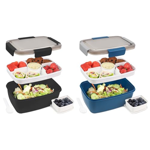 Bugucat Lunchbox Erwachsene 2000ML 2 Set,Auslaufsichere Brotdose Erwachsene Bento Box mit Fächern für Kinder,Salatbehälter Salatbox to Go mit Gabel,Brotdose Frühstücksbox für Schule,Blau+Schwarz von Bugucat
