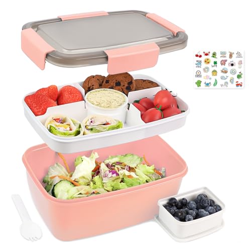 Bugucat Lunchbox Erwachsene 2000ML mit Aufkleber,Auslaufsichere Brotdose Erwachsene Bento Box mit Fächern für Kinder,Salatbehälter Salatbox to Go mit Gabel,Brotdose Frühstücksbox,Dunkelrosa von Bugucat