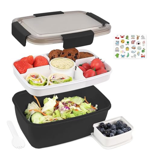 Bugucat Lunchbox Erwachsene 2000ML mit Aufkleber,Auslaufsichere Brotdose Erwachsene Bento Box mit Fächern für Kinder,Salatbehälter Salatbox to Go mit Gabel,Brotdose Frühstücksbox,Schwarz von Bugucat
