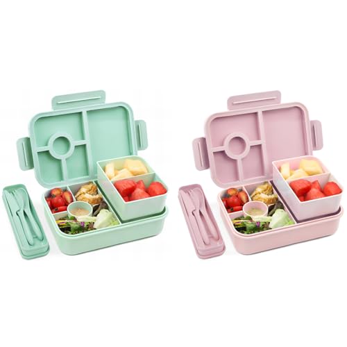 Bugucat Lunchbox Kinder 1300ML 2 Set, Brotdose mit Fächern Bento Box mit Besteckset, Brotdose für Kinder und Erwachsene, Vesperdose Frühstücksbox für Mädchen & Jungen BPA-Frei GRosa von Bugucat
