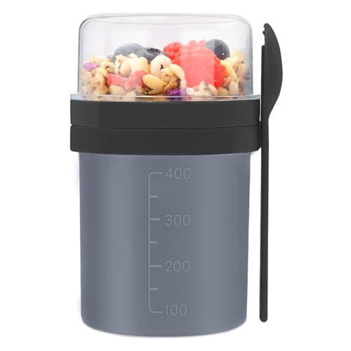 Bugucat Müslibecher To Go 450ml+250ml, Praktischer Müslibecher mit löffel Auslaufsichere Joghurtbecher für Unterwegs Joghurt Müsli to Go Becher, Yoghurt to Go Becher für Arbeit Picknick Schule,Schwarz von Bugucat