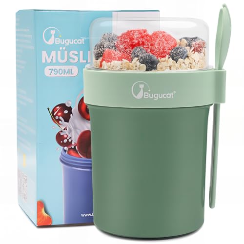 Bugucat Müslibecher To Go 560ML+230ML, Yoghurtbecher To Go mit Löffel und Deckel, Auslaufsicher Müsli To Go Becher mit Soßenbox, Joghurtbecher Müslibecher für Joghurt Haferflocken Salate Obst Grün von Bugucat