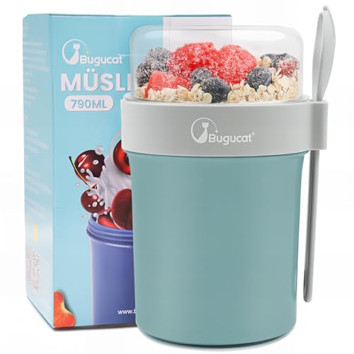 Bugucat Müslibecher To Go 560ML+230ML, Yoghurtbecher To Go mit Löffel und Deckel, Auslaufsicher Müsli To Go Becher mit Soßenbox, Joghurtbecher Müslibecher für Joghurt Haferflocken Salate Obst Blau von Bugucat