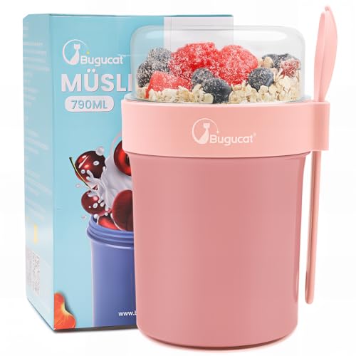 Bugucat Müslibecher To Go 560ML+230ML, Yoghurtbecher To Go mit Löffel und Deckel, Auslaufsicher Müsli To Go Becher mit Soßenbox, Joghurtbecher Müslibecher für Joghurt Haferflocken Salate Obst Rosa von Bugucat