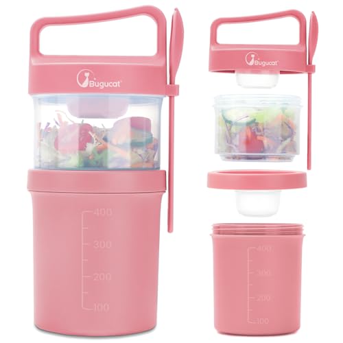 Bugucat Müslibecher To Go 560ML+360ML, Joghurtbecher To Go mit Löffel und Griff, Doppellagiger Auslaufsicherer Müsli Cup, Müslidose für Frühstück, Müslibox Lunchpot für Kinder & Erwachsene Rosa von Bugucat