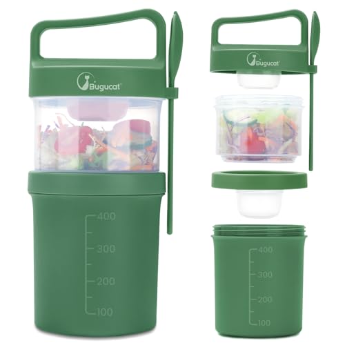 Bugucat Müslibecher to Go 560ml+360ml, Auslaufsicherer Joghurtbecher mit Löffel, Praktischer Müsli Cup für Kinder und Erwachsene, Müslibox für Arbeit, Schule, Fitness, BPA-frei Grün von Bugucat