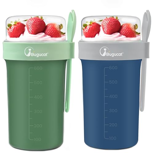 Bugucat Müslibecher to Go 2er Set, Joghurtbecher to Go 760ml+230ml mit Dressing Behälter Müsli to go Becher mit Löffel und Deckel,Praktischer Müslibecher Obstbehälter für Picknick, Blau+Grün von Bugucat