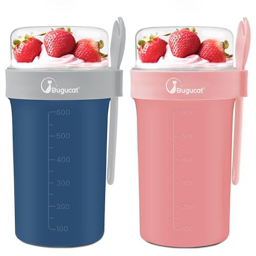 Bugucat Müslibecher to Go 2er Set,Praktischer Joghurtbecher to Go 760ml+230ml,Müsli to Go Becher mit Löffel,Auslaufsicherer Müslibecher Müsli Cup to Go Becher,Müslibox to Go für Picknick,Blau+Rosa von Bugucat