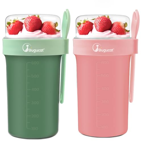 Bugucat Müslibecher to Go 2er Set,Praktischer Joghurtbecher to Go 760ml+230ml,Müsli to Go Becher mit Löffel,Auslaufsicherer Müslibecher Müsli Cup to Go Becher,Müslibox to Go,Grün+Rosa von Bugucat
