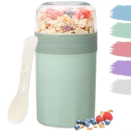 Bugucat Müslibecher to Go 520ML+250ML,Praktischer Joghurtbecher mit Löffel, Auslaufsicher Müsli Cup Becher mit Soßenbox,Müslibox Brotdose Lunchbox für Kinder & Erwachsene, Grün von Bugucat