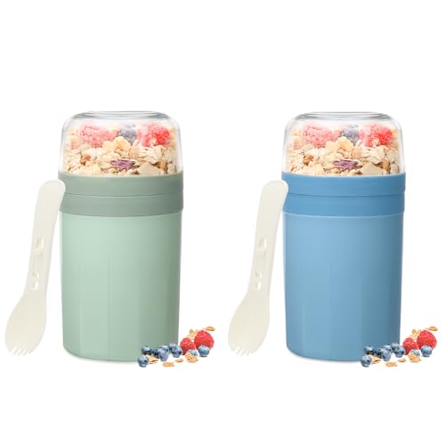 Bugucat Müslibecher to Go 520ML+250ML 2er,Praktischer Joghurtbecher mit Löffel, Auslaufsicher Müsli Cup Becher mit Soßenbox,Müslibox Brotdose Lunchbox für Kinder & Erwachsene,Blau+Grün von Bugucat