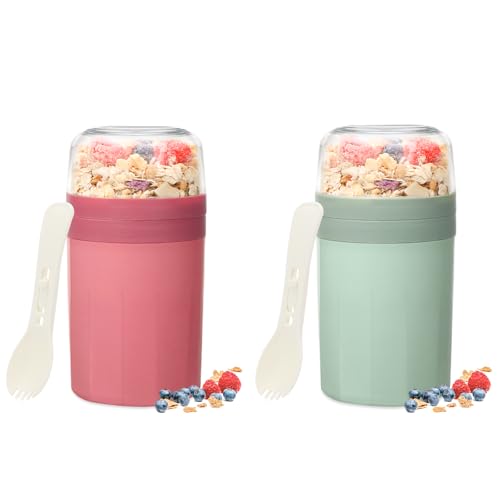 Bugucat Müslibecher to Go 520ML+250ML 2er,Praktischer Joghurtbecher mit Löffel, Auslaufsicher Müsli Cup Becher mit Soßenbox,Müslibox Brotdose Lunchbox für Kinder & Erwachsene,Grün+Rosa von Bugucat