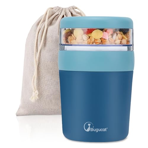 Bugucat Müslibecher to Go 650ml Wird mit Stoffbezug Geliefert,Joghurtbecher&Müslibecher für Picknick,Auslaufsicherer Lunchpot Joghurtbecher to Go mit Löffel,Praktischer Salatbecher Yoghurt to Go,Blau von Bugucat