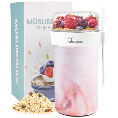 Bugucat Müslibecher to Go 760ml+230ml,Praktischer Joghurtbecher to Go Müsli to Go Becher mit Löffel,Auslaufsicherer Müsli Cup to Go Becher,Müslibox to Go Müsli Becher to Go kinder,Transparent von Bugucat