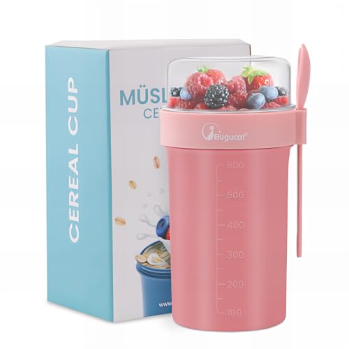 Bugucat Müslibecher to Go 760ml+230ml,Praktischer Joghurtbecher to Go Müsli to Go Becher mit Löffel,Auslaufsicherer Müslibecher Müsli Cup to Go Becher,Müslibox to Go Müsli Becher to Go kinder,Rosa von Bugucat