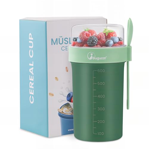 Bugucat Müslibecher to Go 760ml+230ml,Praktischer Joghurtbecher to Go Müsli to Go Becher mit Löffel,Auslaufsicherer Müslibecher Müsli Cup to Go Becher,Müslibox to Go Müsli Becher to Go kinder,Grün von Bugucat