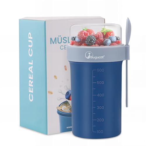 Bugucat Müslibecher to Go 760ml+230ml,Praktischer Joghurtbecher to Go Müsli to Go Becher mit Löffel,Auslaufsicherer Müslibecher Müsli Cup to Go Becher,Müslibox to Go Müsli Becher to Go kinder,Blau von Bugucat