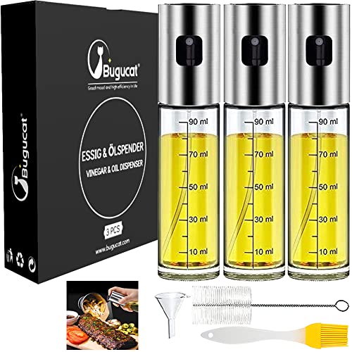 Bugucat Ölsprüher Flasche 100ML 3 PCS, Öl Sprühflasche, Essig Spritzer Ölspender, Öl Auslöser Glasflasche, Transparent Öl Sprayer mit Bürste für Grillen BBQ Backen Braten Kochen, Salat Pasta Machen von Bugucat