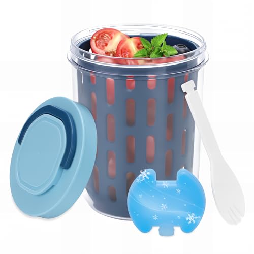 Bugucat Snackbox mit Kühlakku Kinder 620ml,Bento Box Salat To Go Box mit Deckel, Snack Box mit Gabel & Sieb für Obst Gemüse, Multifunktional Salatbox Obstboxfür Schule Büro Picknick,Blau von Bugucat