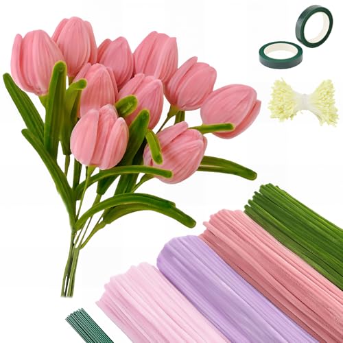 Bugucat Pfeifenreiniger Blumen Set, 400 Stück Pfeifenputzer zum Basteln 4 Farben Pipe Cleaner mit 30 Stück Grünem Basteldraht, Schleifenband & Blumen Staubblatt für DIY Blumenstrauß von Bugucat