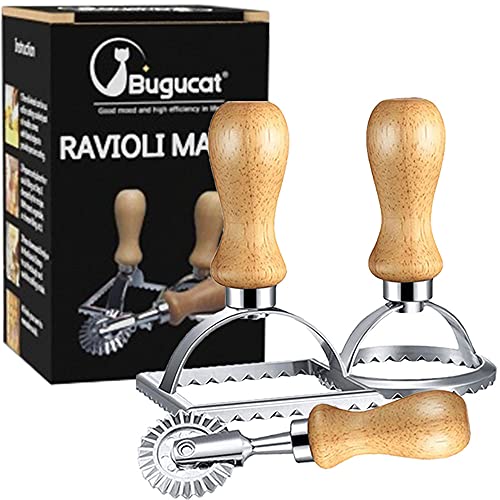 Bugucat Ravioli Ausstecher Former, Ausstechformen, Teigtaschenrad Former mit Holzgriff und Geriffelter Kante Pasta Nudel Press, Ravioliform Keksform für Pierogie & Dumplings (3er Set) von Bugucat