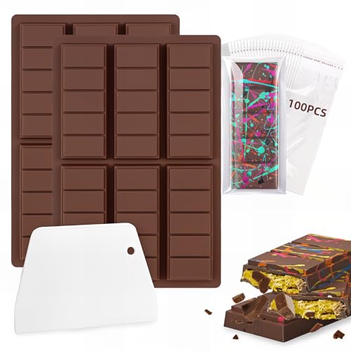 Bugucat Schokoladenform Silikon Set, 2 Stück Schokoladenform mit Schaber und 100 Verpackungsbeuteln, Silikonform Schokolade, Perfekt für DIY Schokolade (Rechteck) von Bugucat