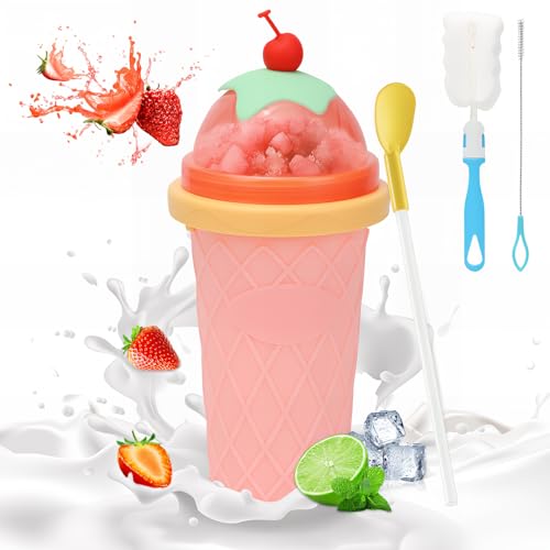 Bugucat Slush Becher,Slushy Maker Slushie Becher 350ML,Silikon Squeeze Cup mit 2-in-1 Strohhalm und Löffel,Tragbarer Slushi Cup Slush eis Maschine,Slushi Ice Maker,Rosa von Bugucat