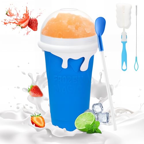 Bugucat Slushy Maker, Wiederverwendbarer Slushy Becher 2-in-1 mit Strohhalm und Löffel, Silikon Slush Becher, Slush Maker für DIY Slush-Eiscreme, 500ml Blau von Bugucat