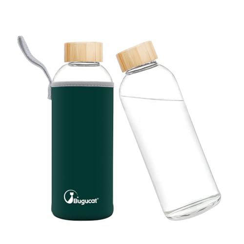 Bugucat Trinkflasche Glas 750ML,Glasflasche aus Borosilikat Glas mit Schutzhülle,Auslaufsichere Wasserflasche Glas für Kalten Heiß Getränken,Glass Bottle Karaffe für Büro Schule Sport,Dunkelgrün von Bugucat