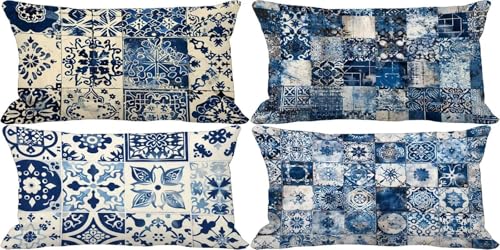 Blau Kissenbezug 40x80 Geometrie Outdoor Kissenbezug Weich Dekokissen 4er Set Doppelseitig Musterdesign Sofakissen Deko Wohnzimmer, Frühling Sommer Outdoor Terrasse Garten Bank Auto Zierkissen x37-5 von Bugufen