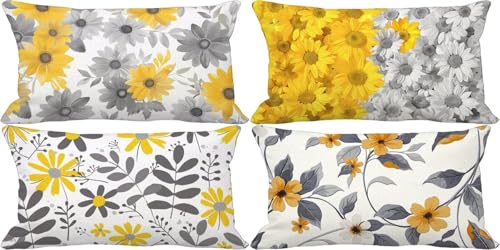 Gelb Kissenbezug 40x80 Blume Outdoor Kissenbezug Wasserfest Leinen Dekokissen 4er Set Doppelseitig Musterdesign Sofakissen Deko Wohnzimmer, Sommer Outdoor Terrasse Garten Bank Auto Zierkissen r36-C von Bugufen
