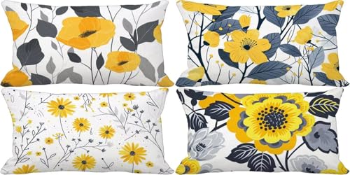 Gelb Kissenbezug 60x80 Blume Outdoor Kissenbezug Weich Dekokissen 4er Set Doppelseitig Musterdesign Sofakissen Deko Wohnzimmer, Frühling Sommer Outdoor Terrasse Garten Bank Auto Zierkissen l28-Z von Bugufen