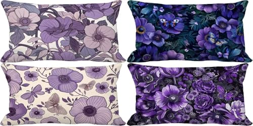 Lila Kissenbezug 30x50 Blume Outdoor Kissenbezug Weich Dekokissen 4er Set Doppelseitig Musterdesign Sofakissen Deko Wohnzimmer, Frühling Sommer Outdoor Terrasse Garten Bank Auto Zierkissen l17-2 von Bugufen