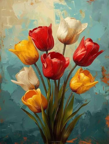 Malen Nach Zahlen Blume Malen Nach Zahlen Erwachsene mit Rahmen Tulpe Paint by Numbers Kreativ Set Mit 3 - Pinseln und Acrylfarbe Knitterfreie Leinwand Kit Home Haus Deko Geschenke (40 X 50 cm) i-6D von Bugufen