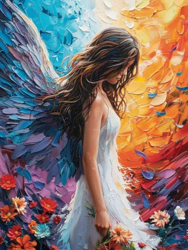 Malen Nach Zahlen Engel Paint by Numbers Blume Malen Nach Zahlen Kinder ab 7 8 9 10 jahre mädchen Handgemalt Ölgemälde Kreativ Set Mit 3 Pinseln und Acrylfarbe Leinwand Kit 70X95cm (mit Rahmen) s-90 von Bugufen
