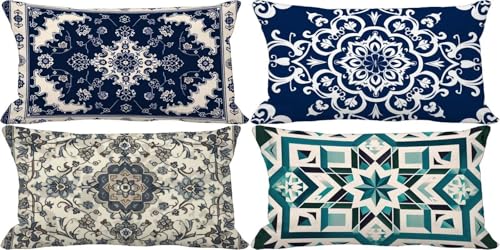 Marineblau Kissenbezug 70x90 Böhmen Outdoor Kissenbezug Weich Dekokissen 4er Set Doppelseitig Musterdesign Sofakissen Deko Wohnzimmer, Frühling Sommer Outdoor Terrasse Garten Bank Zierkissen m26-T von Bugufen