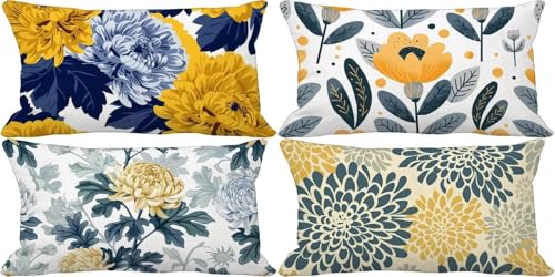 Outdoor Kissenbezug 50x80 Gelb Outdoor Kissen Wasserfest Leinen Sofakissen Fallen Musterdesign Kissenbezüge 4er Set, Schlafzimmer Deko Wohnzimmer, Sommer Herbst Garten Terrasse Zierkissenbezüge 35l-X von Bugufen