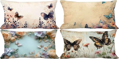 Retro Kissenbezug 30x50 Schmetterling Outdoor Kissenbezug Weich Dekokissen 4er Set Doppelseitig Musterdesign Sofakissen Deko Wohnzimmer, Sommer Outdoor Terrasse Garten Bank Auto Zierkissen r20-3 von Bugufen