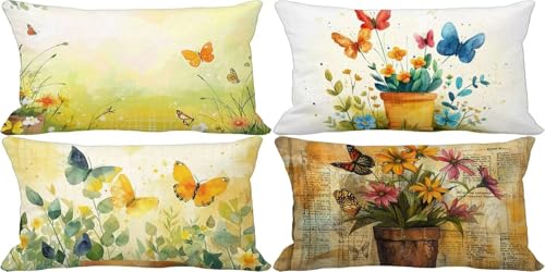 Retro Kissenbezug 40x70 Schmetterling Outdoor Kissenbezug Weich Dekokissen 4er Set Doppelseitig Musterdesign Sofakissen Deko Wohnzimmer, Sommer Outdoor Terrasse Garten Bank Auto Zierkissen h33-K von Bugufen