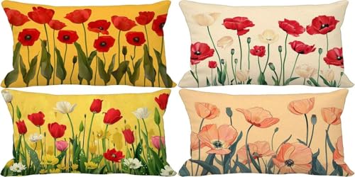 Rot Kissenbezug 50x70 Tulpe Outdoor Kissenbezug Wasserfest Leinen Dekokissen 4er Set Doppelseitig Musterdesign Sofakissen Deko Wohnzimmer, Sommer Outdoor Terrasse Garten Bank Auto Zierkissen z31-4 von Bugufen