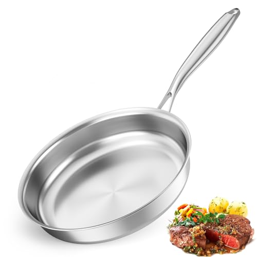 BugyKido Edelstahlpfanne für Induktionsherde, Unbeschichtet Edelstahl Pfanne 28 cm, Spülmaschinenfeste, Bratpfanne Induktion, Edelstahl Bratpfanne 28 cm für Alle Herdarten Geeignet von BugyKido