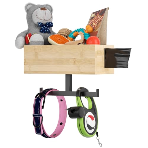 BugyKido Hundegarderobe mit Ablage, Hölzerne Hundeleinen Halterung, Hunde Garderobe für Schlüssel, Hundeleinen, Kotbeutelspender und Zubehör (Größe L) von BugyKido