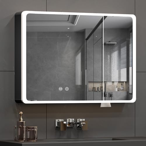 Buildonely Badezimmer Spiegelschrank mit Beleuchtung mit Antibeschlag-Funktion, Badschrank 80 x 70 cm mit Türen für Badezimmer, Touchscreen-Steuerung, Schwarz, Aluminiumlegierung Buildonely Badezimmer Spiegelschrank mit Beleuchtung mit Antibeschlag-Funktion, Badschrank 80 x 70 cm mit Türen für Badezimmer, Touchscreen-Steuerung, Schwarz, Aluminiumlegierung von Buildonely