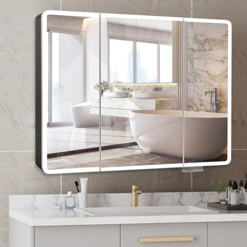 Buildonely Spiegelschrank Bad mit Beleuchtung, 90 x 70 cm Spiegelschrank Bad mit Antibeschlag-Funktion, Touchscreen-Steuerung, Schwarz, Aluminiumlegierung, Fertig Montiert von Buildonely